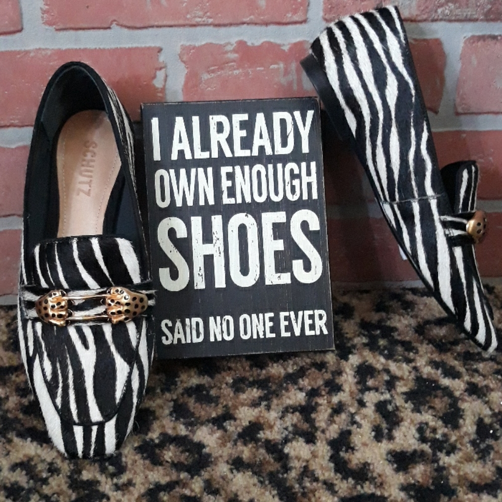 Schutz Zebra Animal Loafer Dylan Gold Paw Panther 6 Womens shoes new black white - Picture 4 of 11